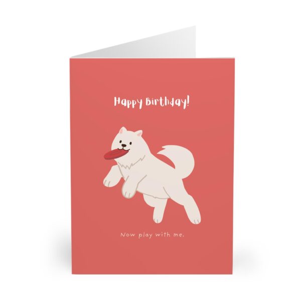 funny white dog birthday card featuring cute pup playing frisbee perfect for dog lovers pet parents and playful pet themed celebrations