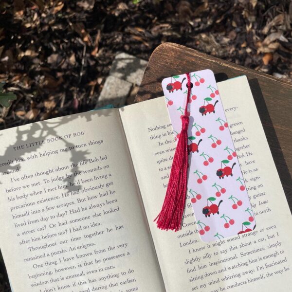 cat cherry bookmark – whimsical tassel design