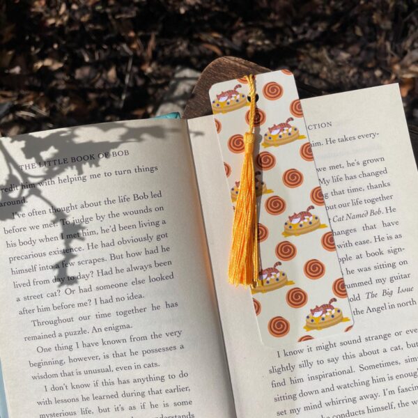 cat on blueberry pancakes bookmark – whimsical reader gift